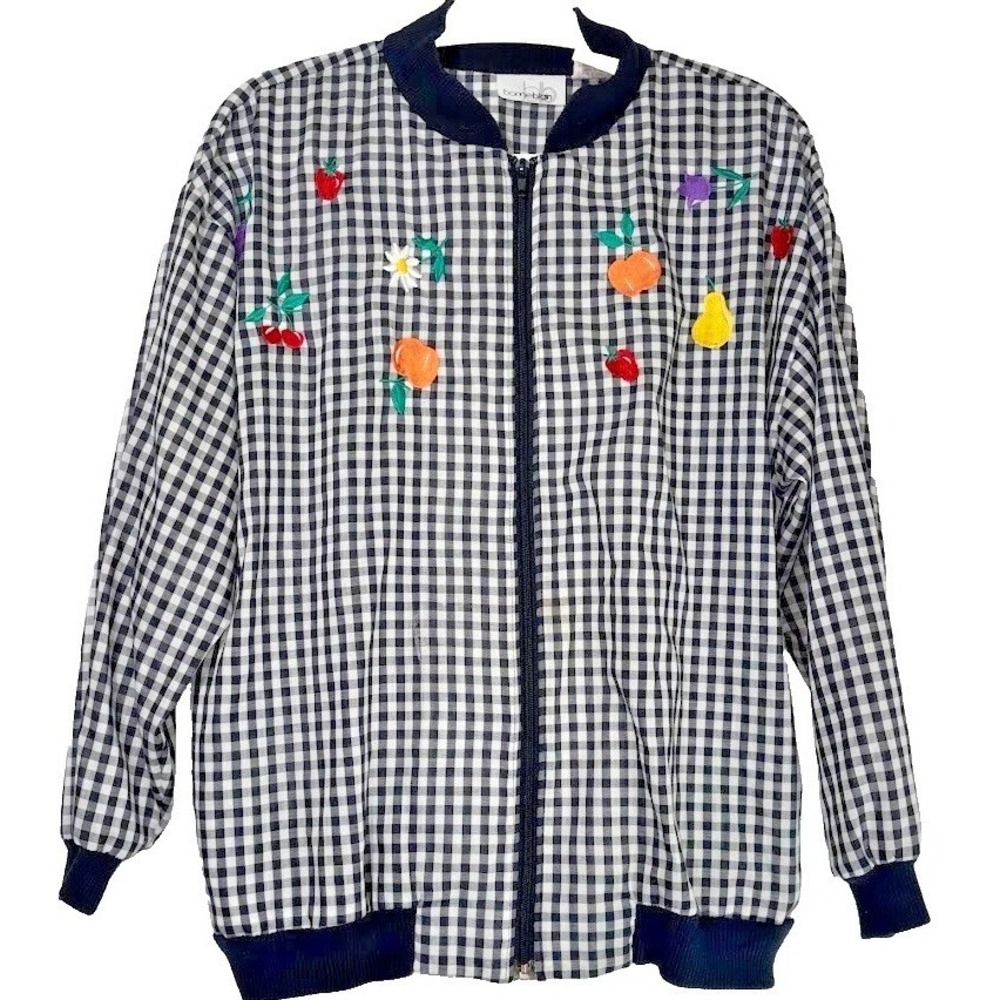 Vintage Novelty Fruit Embroidered Gingham Jacket Womens L Cottagecore USA Zip